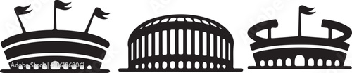 Stadium exterior silhouette icon set vector with modern arena buildings and flags, minimalist black and white sports venue design