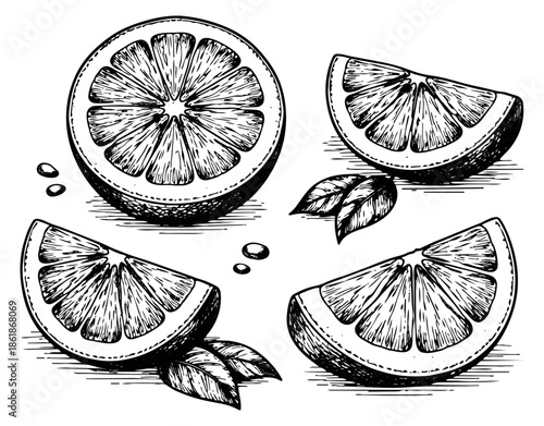 Hand drawn line art lemon fruit set featuring a half-cut lemon, slices, and leaves for fresh citrus beverage and food design
