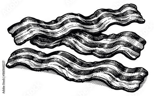 Hand drawn bacon set featuring three crispy strips for breakfast design