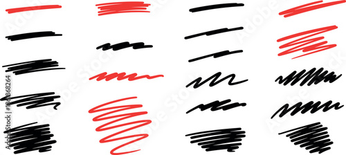 Various scribbles and lines in black and red on a white background