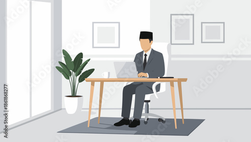 Professional office vector illustration of a man in a suit working on a laptop at a desk with a plant