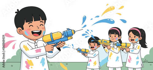 Children playfully celebrating holi with water guns and colors