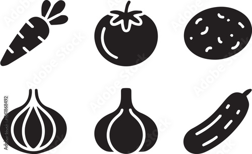 Set of vegetable silhouettes, black and white vector illustration of assorted vegetables, isolated collection for food, farming, and healthy lifestyle concepts