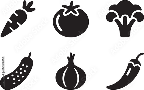 Set of vegetable silhouettes, black and white vector illustration of assorted vegetables, isolated collection for food, farming, and healthy lifestyle concepts