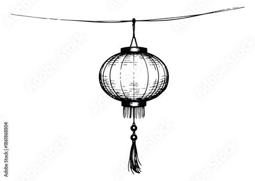 Hand drawn line art illustration of a Chinese lantern depicting it hanging on a wire for an asian cultural event