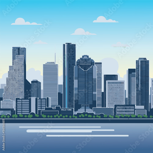 Panoramic view of Houston skyline with foreground elements like highways and bayou, suitable for maps, billboards, and panoramic prints