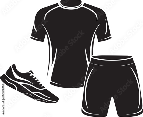 Sports clothing and shoe silhouettes, black and white vector illustration of athletic apparel and footwear, isolated collection for fitness, training, and sports concepts