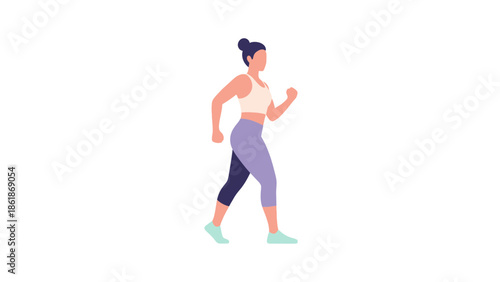 Woman jogging alone in a serene urban environment, viewed from the side, illustrating a healthy lifestyle and fitness activity.