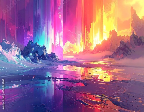 Surreal digital painting of a glacial landscape with vibrant aurora-like skies