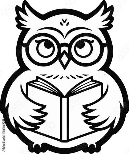 A cute owl as a librarian wearing glasses and holding books, calm expression, flat vector art, minimal feather details, solid flat colors, thick black outline, no texture, no lighting, isolated on whi