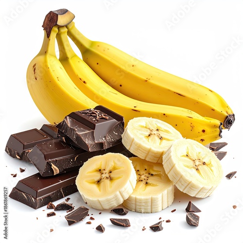 Ripe bananas, dark chocolate chunks and slices on a white surface