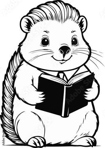 A cute porcupine as a librarian reading a book, simple seated pose, flat vector art, minimal body detail, solid colors only, thick black outline, no texture, no lighting, isolated on white background 
