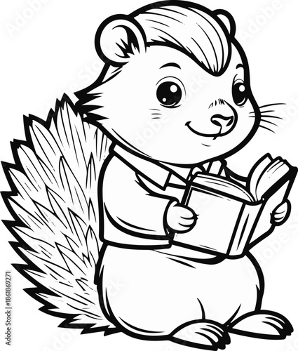 A cute porcupine as a librarian reading a book, simple seated pose, flat vector art, minimal body detail, solid colors only, thick black outline, no texture, no lighting, isolated on white background 