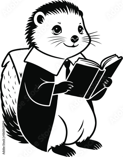 A cute porcupine as a librarian reading a book, simple seated pose, flat vector art, minimal body detail, solid colors only, thick black outline, no texture, no lighting, isolated on white background 