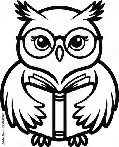 A cute owl as a librarian wearing glasses and holding books, calm expression, flat vector art, minimal feather details, solid flat colors, thick black outline, no texture, no lighting, isolated on whi