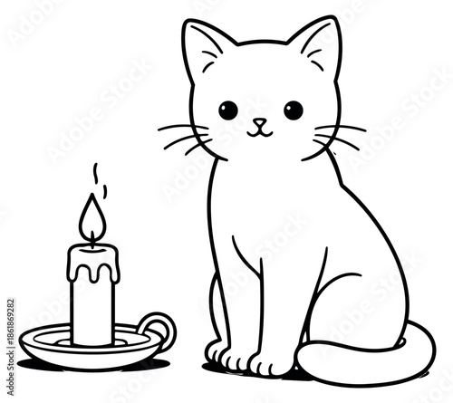 Cute hand drawn line art illustration of a cat and a candle depicting a cozy scene for home decor or pet-related projects
