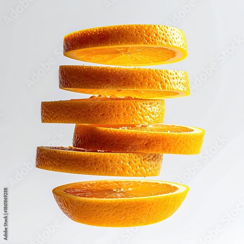 Stack of orange slices floating against a bright white background
