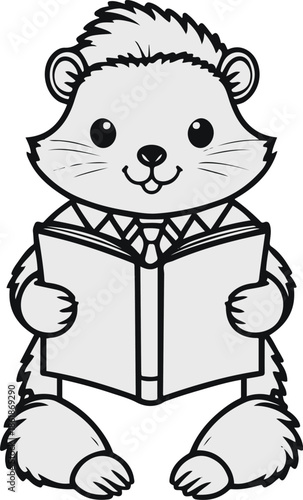 A cute porcupine as a librarian reading a book, simple seated pose, flat vector art, minimal body detail, solid colors only, thick black outline, no texture, no lighting, isolated on white background