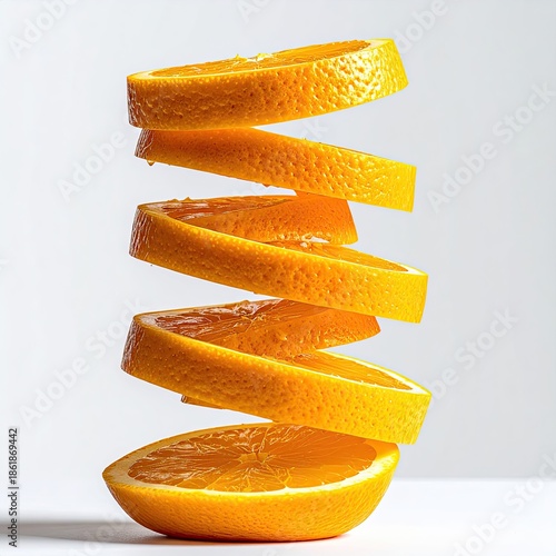 Orange slices in stack, suspended in air on white background