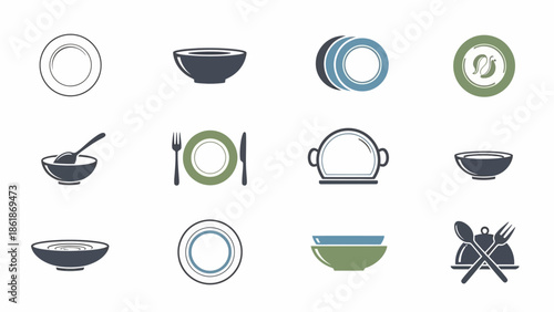 Collection of Various Tableware and Utensils Icons.