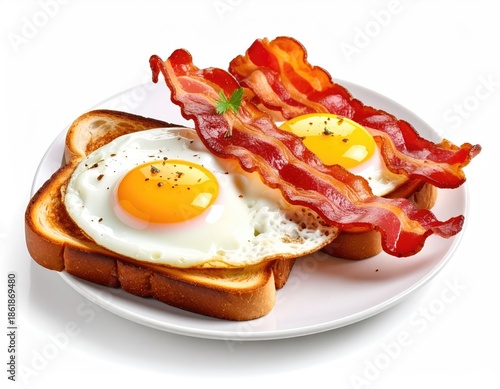 Plate of breakfast fried eggs, bacon, toast, isolated
