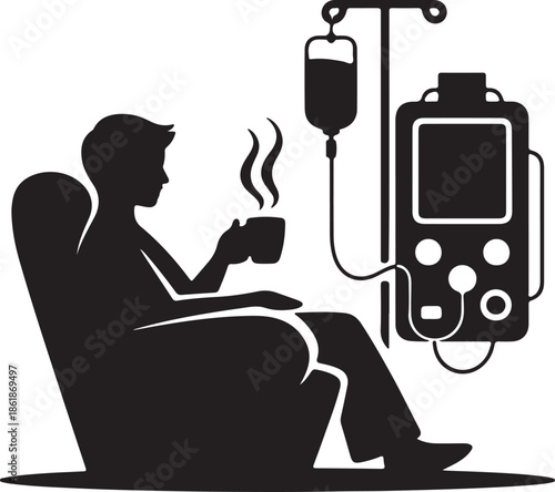 Home dialysis machine and setup silhouette vector art, a patient sitting in an armchair, with the dialysis machine and a hanging IV bag treatment