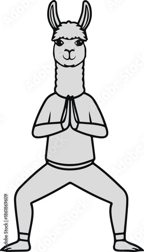 A llama as a yoga coach standing in balance pose, calm expression, flat vector illustration, simple geometric shapes, limited colors, bold outline, no gradient, no shadow, clean sticker design, white 