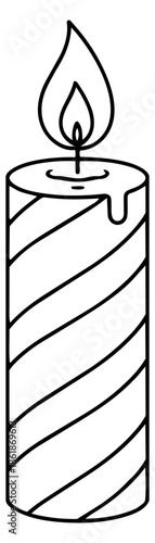 Hand drawn line art illustration of a candle depicting a burning flame and melted wax for celebration concepts