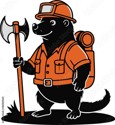 A mole as a miner holding a helmet and pickaxe, strong compact pose, flat vector illustration, minimal detail, solid flat colors, bold black outline, no shadow, no gradient, sticker style, white backg