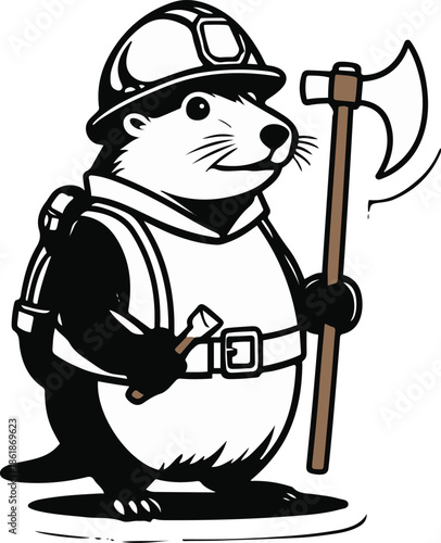 A mole as a miner holding a helmet and pickaxe, strong compact pose, flat vector illustration, minimal detail, solid flat colors, bold black outline, no shadow, no gradient, sticker style, white backg