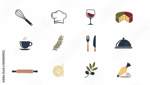 Kitchen Utensils and Food Icons Set.
