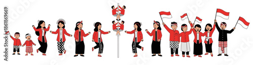 Group of People Celebrating with Flags in Traditional Attire