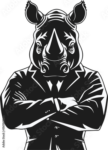A rhinoceros as a bodyguard crossing arms, strong silhouette, flat vector illustration, simple geometric shapes, solid colors only, bold black outline, no gradient, no shadow, clean vector sticker, wh