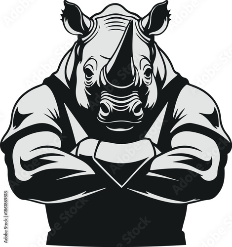 A rhinoceros as a bodyguard crossing arms, strong silhouette, flat vector illustration, simple geometric shapes, solid colors only, bold black outline, no gradient, no shadow, clean vector sticker, wh