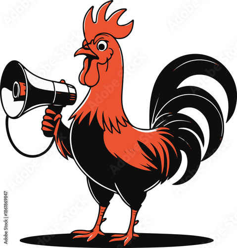 A rooster as a morning announcer holding a megaphone, energetic pose, flat vector art, minimal feather detail, solid flat colors, thick black outline, no lighting, no texture, isolated on white backgr