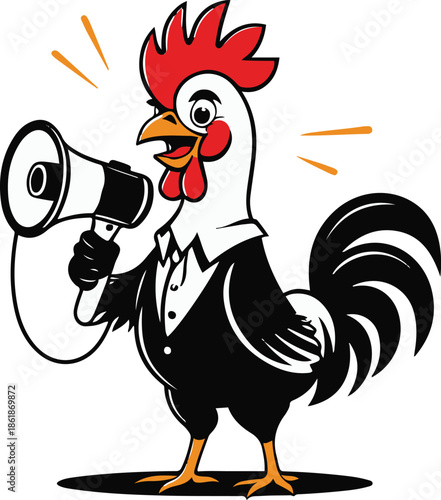 A rooster as a morning announcer holding a megaphone, energetic pose, flat vector art, minimal feather detail, solid flat colors, thick black outline, no lighting, no texture, isolated on white backgr