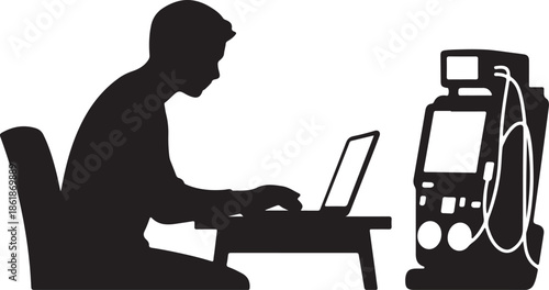 Home Office Dialysis vector silhouette art, dialysis machine sits discreetly beside them, showing multitasking