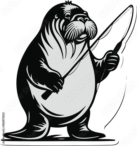 A walrus as a fisherman holding a fishing rod, balanced pose, flat vector illustration, simple shapes, solid colors only, bold black outline, no gradient, no shadow, clean vector sticker, white backgr