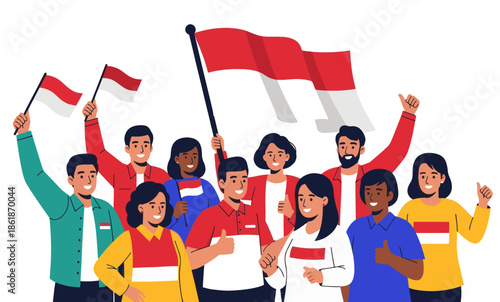Diverse Group Celebrating with Indonesian Flags in Unity