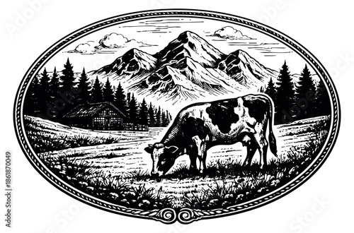 Hand drawn line art illustration of a cow depicting grazing in an alpine meadow for organic product branding