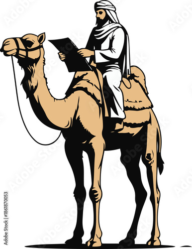 A camel as a desert guide holding a map, simple standing pose, flat vector art, clean shape separation, limited colors, thick black outline, no texture, no lighting, illustrator style, white backgroun