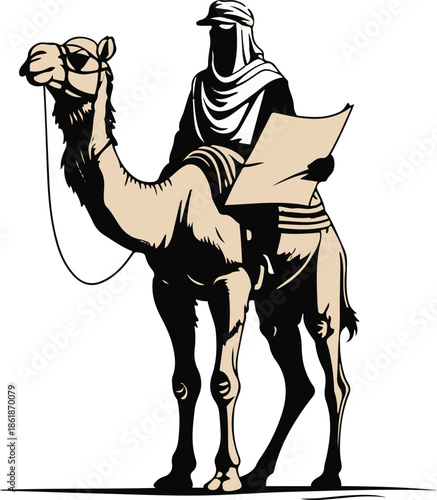 A camel as a desert guide holding a map, simple standing pose, flat vector art, clean shape separation, limited colors, thick black outline, no texture, no lighting, illustrator style, white backgroun