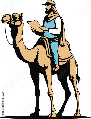 A camel as a desert guide holding a map, simple standing pose, flat vector art, clean shape separation, limited colors, thick black outline, no texture, no lighting, illustrator style, white backgroun