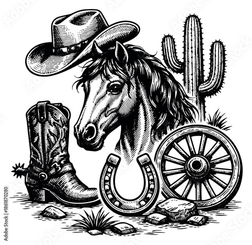 Hand drawn vintage style Western elements set featuring a horse, cowboy hat, boot, cactus, horseshoe, and wagon wheel for wild west design