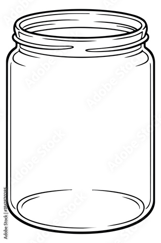Hand drawn line art illustration of an empty glass jar depicting its clear form for food storage and packaging design