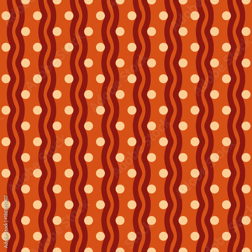 Modern abstract seamless pattern featuring wavy stripes and circular accents. Retro-inspired geometric background ideal for textiles, wallpaper, packaging, and branding.