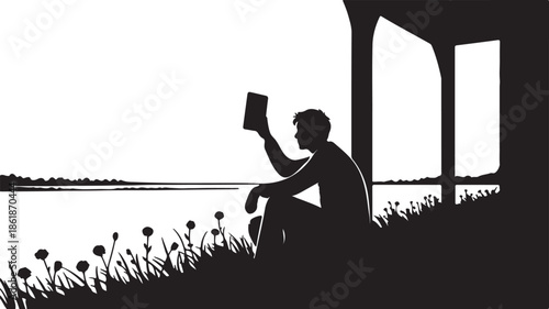 Telemedicine Rural Connection silhouette vector art, a black silhouette patient sitting on a remote field, waiting talk to a city specialist doctor
