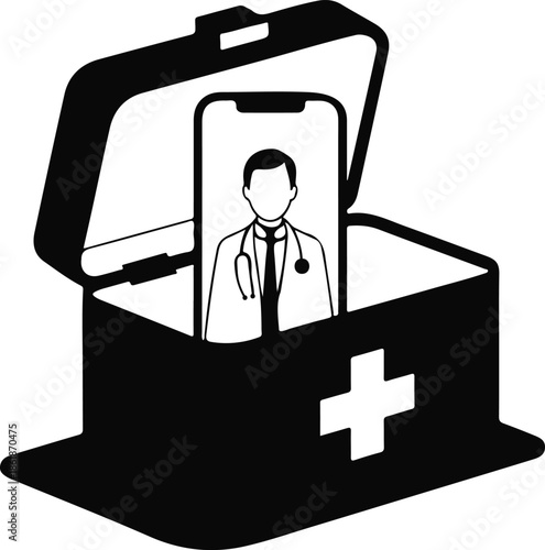 Telemedicine silhouette vector art, a black first aid box, but inside, instead of bandages, smartphone with a doctor
