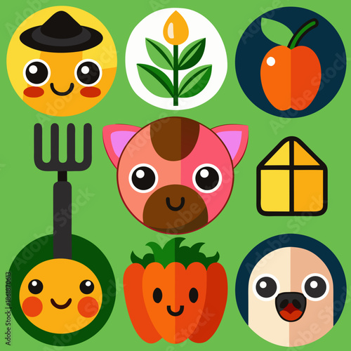 funny fruits and vegetables. Organic farming icons vector set