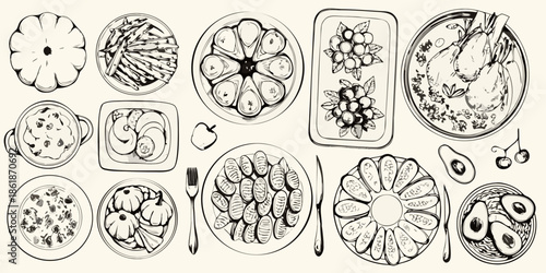A bountiful hand drawn illustration of various food arrangements on plates and trays